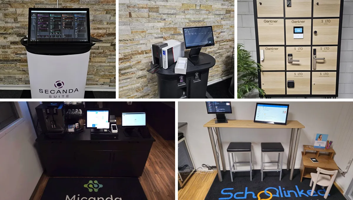 Le aree dimostrative degli showroom Polyright: SECANDA Suite, stampa delle tessere, armadietti connessi Gantner e SALTO, cassa Micanda e Schoolinked