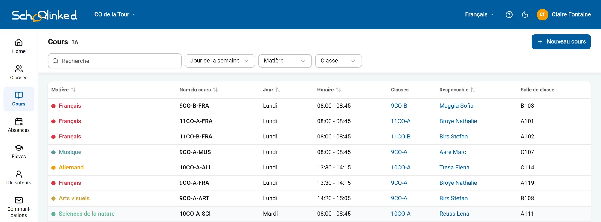 Liste des cours : chaque cours avec sa matière, son nom, son jour, son horaire, sa classe, son responsable et sa salle.
