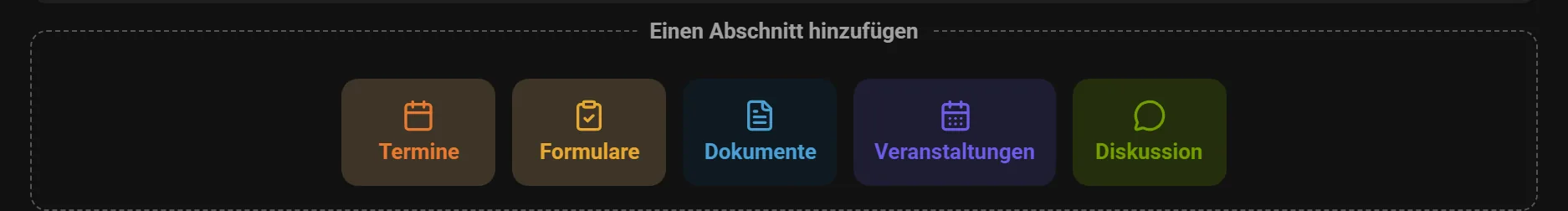 Palette «Abschnitt hinzufügen» im Editor: Termine, Formulare, Dokumente, Veranstaltungen und Diskussion.