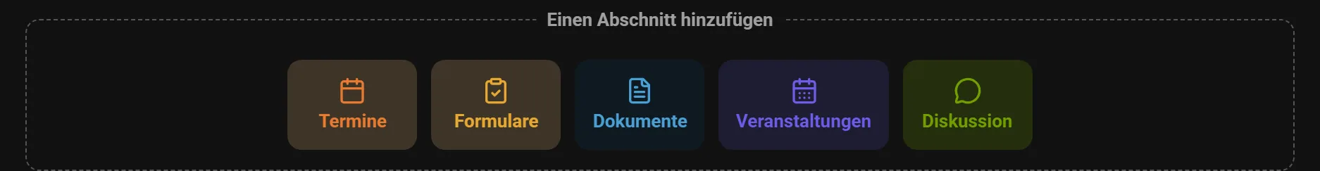 Palette «Abschnitt hinzufügen» im Editor: Termine, Formulare, Dokumente, Veranstaltungen und Diskussion.