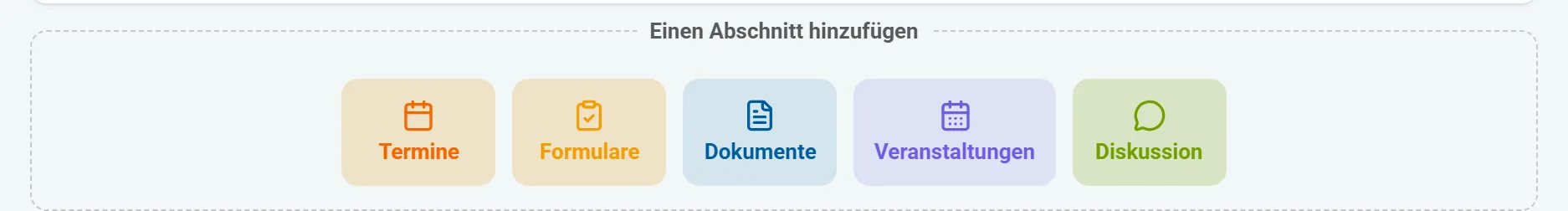 Palette «Abschnitt hinzufügen» im Editor: Termine, Formulare, Dokumente, Veranstaltungen und Diskussion.