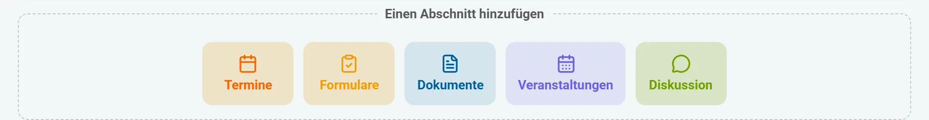 Palette «Abschnitt hinzufügen» im Editor: Termine, Formulare, Dokumente, Veranstaltungen und Diskussion.