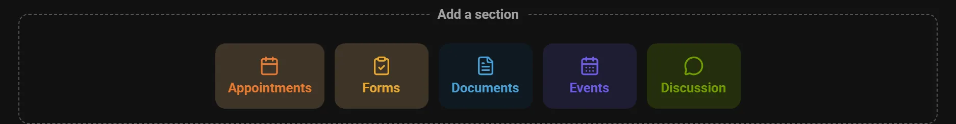 The composer's “Add a section” palette: appointments, forms, documents, events and discussion.