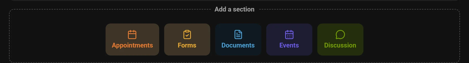 The composer's “Add a section” palette: appointments, forms, documents, events and discussion.