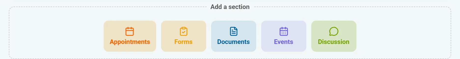 The composer's “Add a section” palette: appointments, forms, documents, events and discussion.