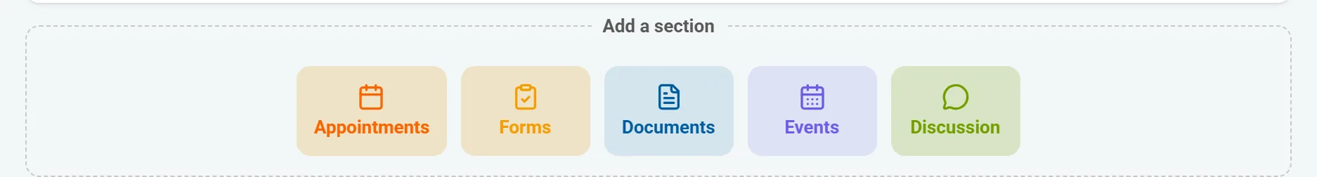 The composer's “Add a section” palette: appointments, forms, documents, events and discussion.