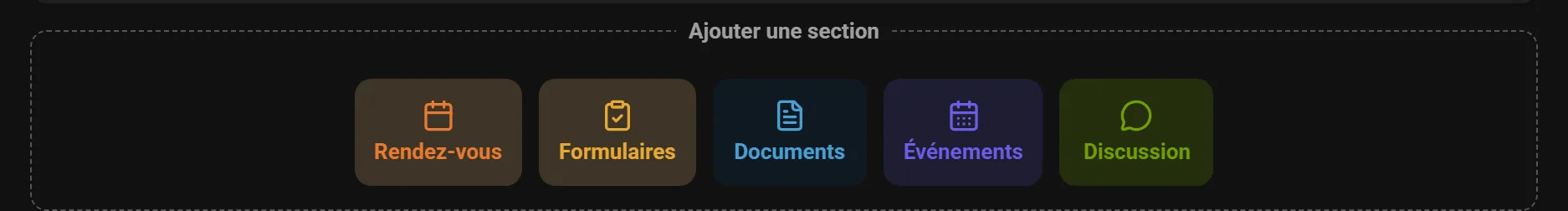 Palette « Ajouter une section » du compositeur : rendez-vous, formulaires, documents, événements et discussion.
