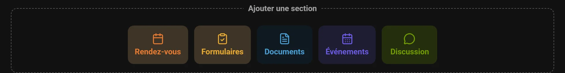 Riquadro «Aggiungi una sezione» del compositore: appuntamenti, moduli, documenti, eventi e discussione.