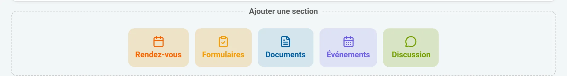 Palette « Ajouter une section » du compositeur : rendez-vous, formulaires, documents, événements et discussion.
