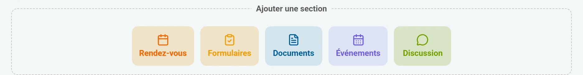 Riquadro «Aggiungi una sezione» del compositore: appuntamenti, moduli, documenti, eventi e discussione.