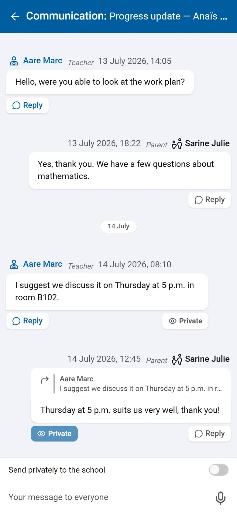 A discussion thread on mobile: a message from the teacher, a parent's reply, and the field to answer.