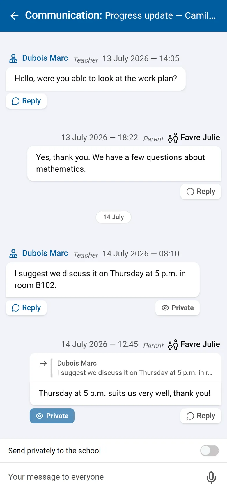 A discussion thread on mobile: a message from the teacher, a parent's reply, and the field to answer.