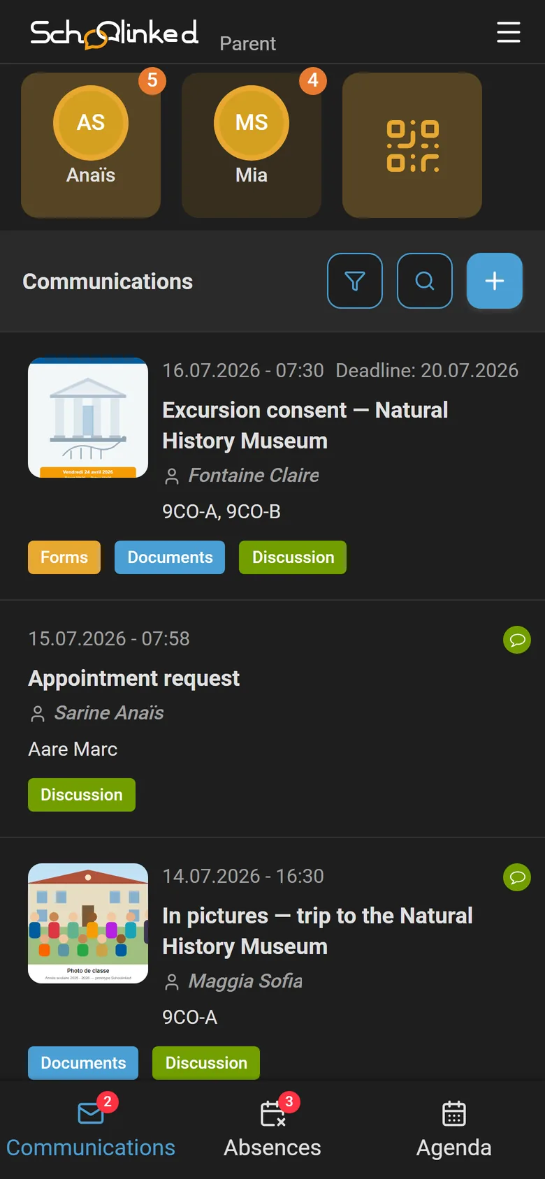 The parent app on mobile: both children on one account, and the school's communications.