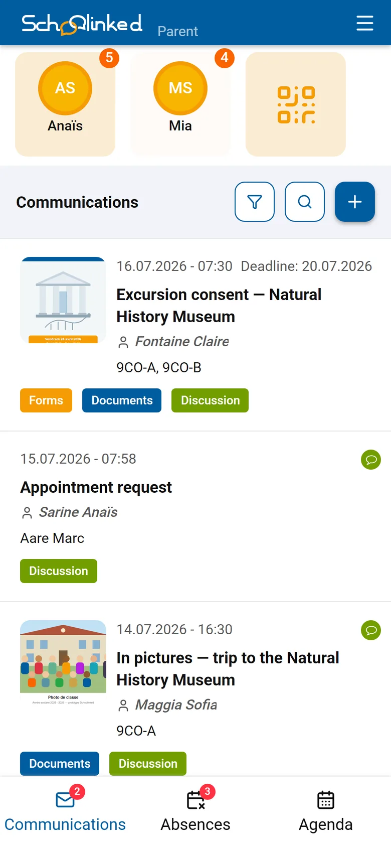 The parent app on mobile: both children on one account, and the school's communications.
