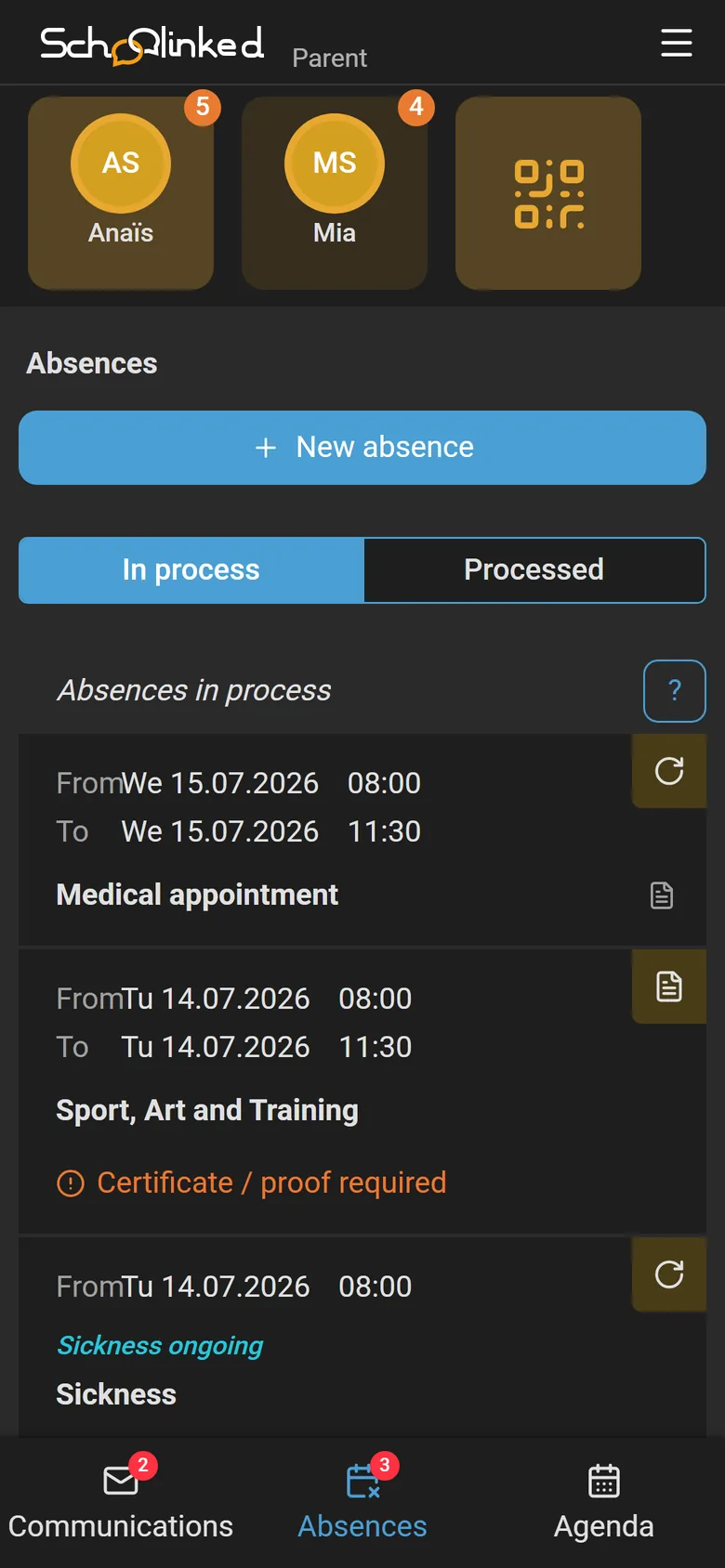 A parent's phone: their child's absences being processed, one with a certificate requested by the school, one sick leave in progress.