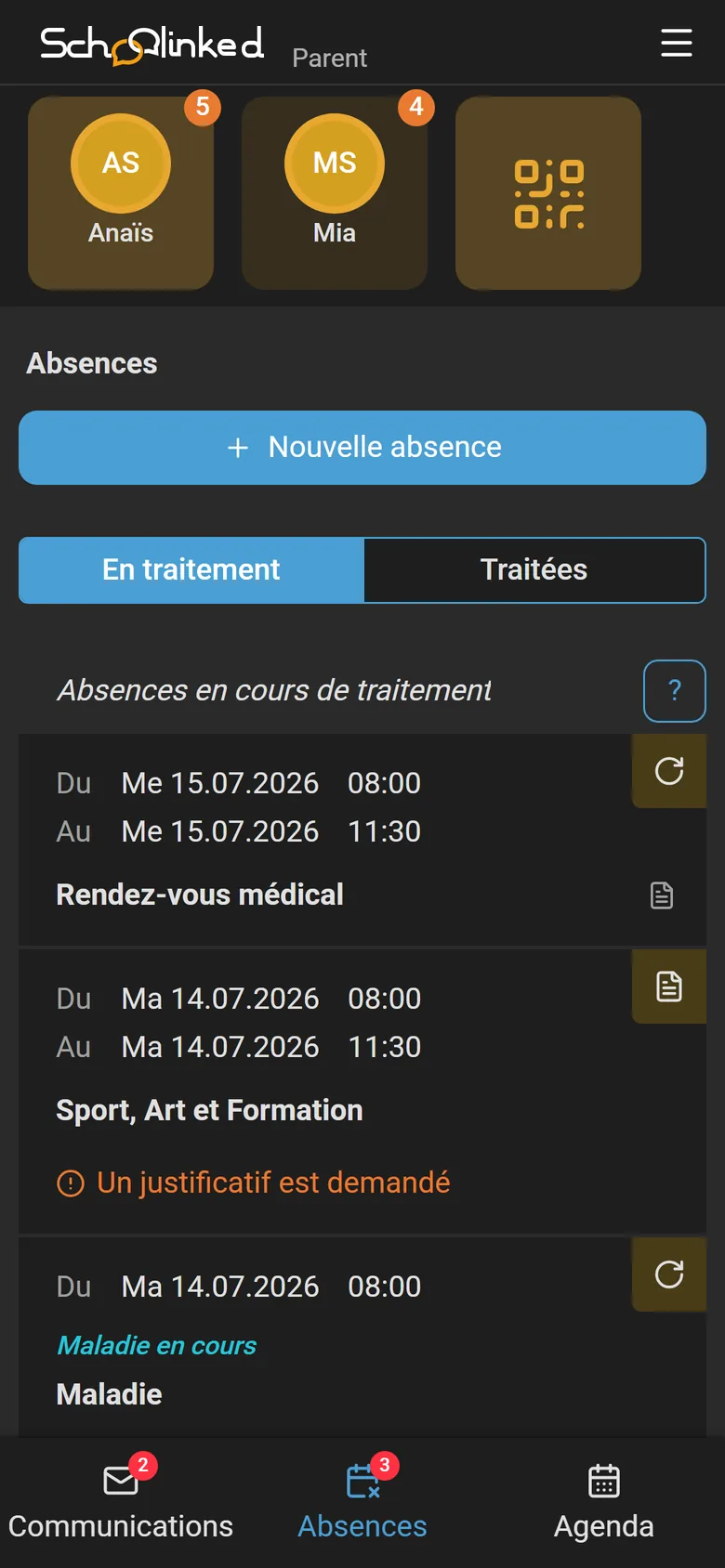 Téléphone d'un parent : les absences de son enfant en cours de traitement, dont une avec justificatif demandé par l'école et une maladie en cours.