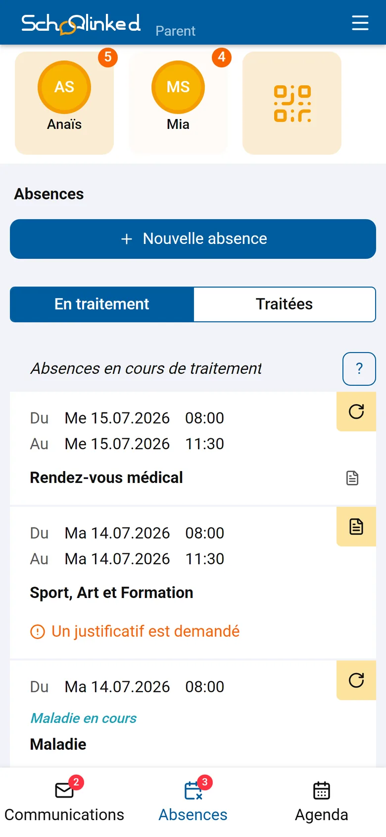 Téléphone d'un parent : les absences de son enfant en cours de traitement, dont une avec justificatif demandé par l'école et une maladie en cours.