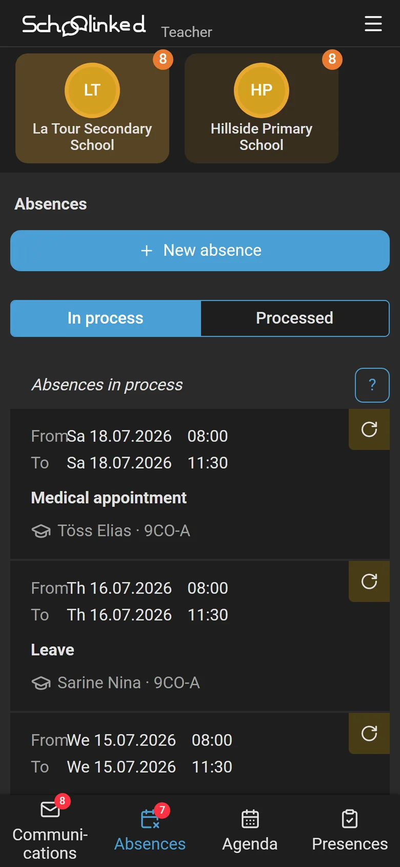 The teacher app on mobile: absences to process, approved, refused or a proof requested in one tap.