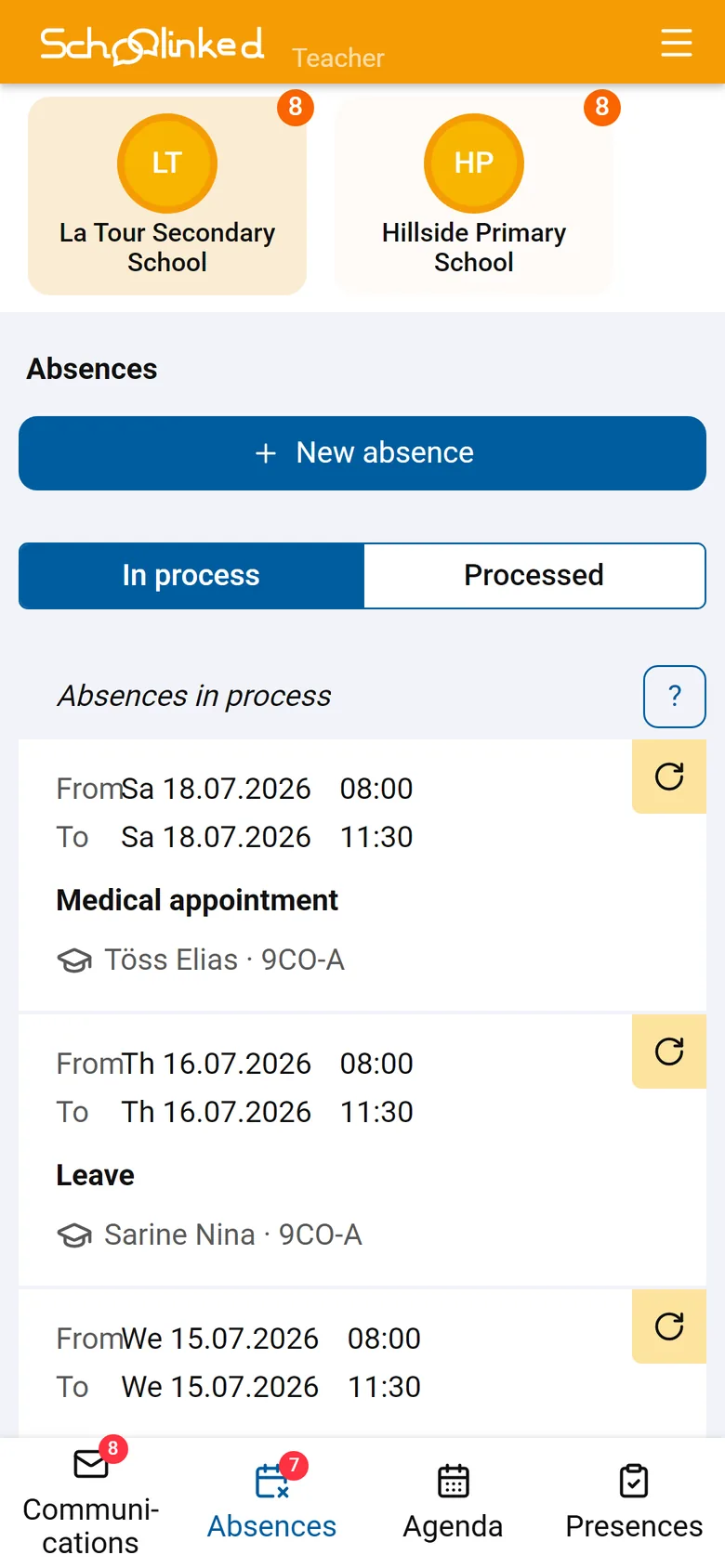 The teacher app on mobile: absences to process, approved, refused or a proof requested in one tap.