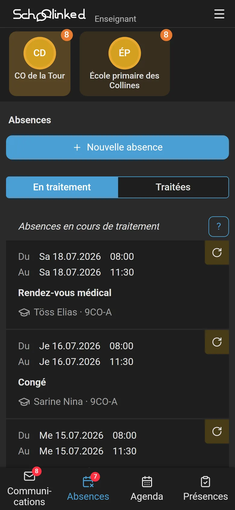 Application enseignant sur mobile : les absences à traiter, avec approbation, refus ou demande de justificatif en un geste.