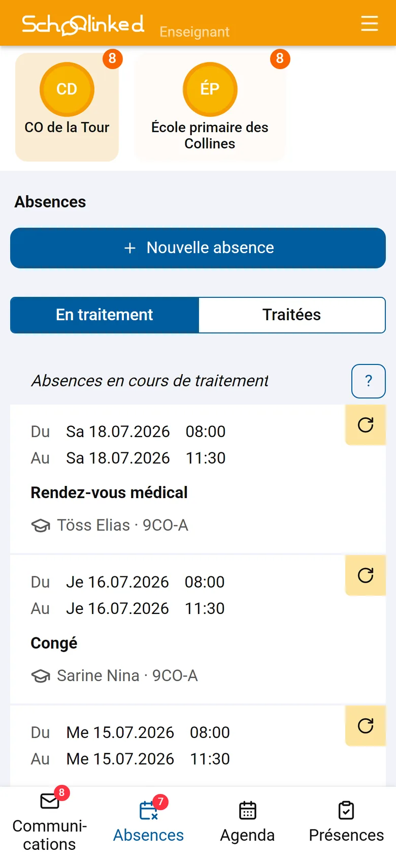 Application enseignant sur mobile : les absences à traiter, avec approbation, refus ou demande de justificatif en un geste.