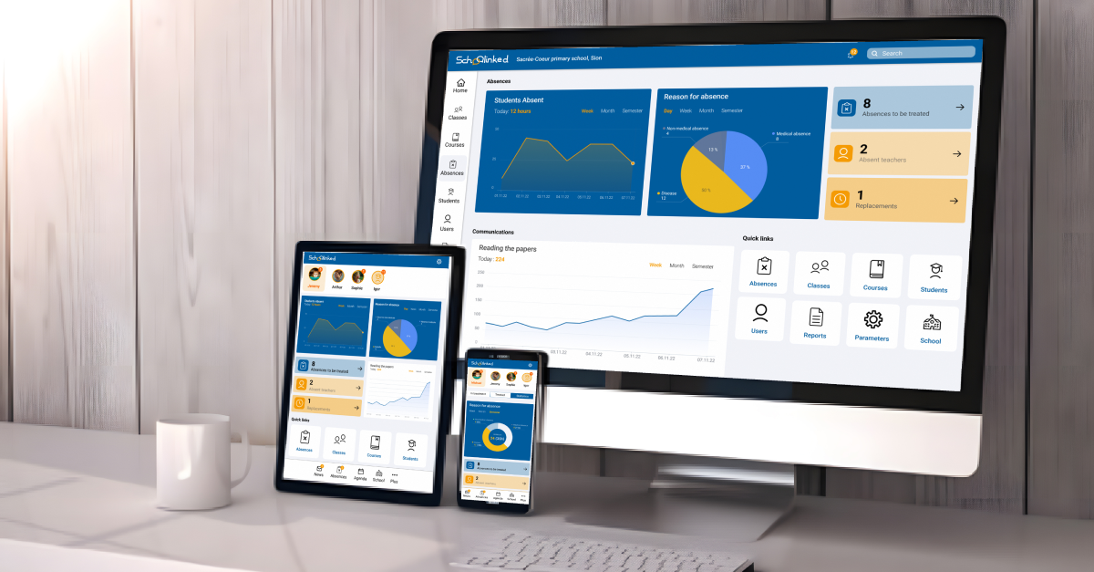 Schoolinked on multiple devices: desktop, tablet and mobile