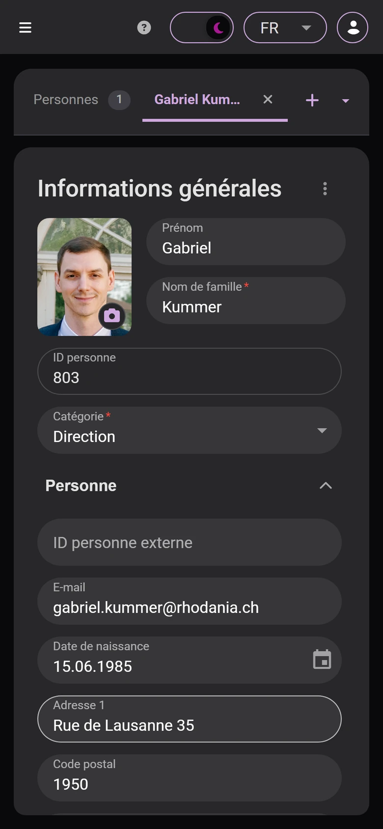 La même fiche dans SECANDA Suite sur un téléphone