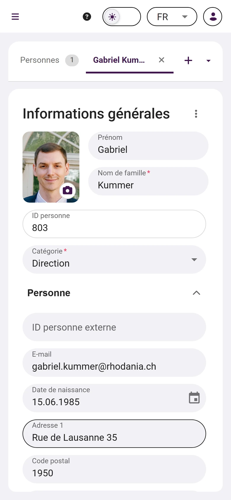 La même fiche dans SECANDA Suite sur un téléphone